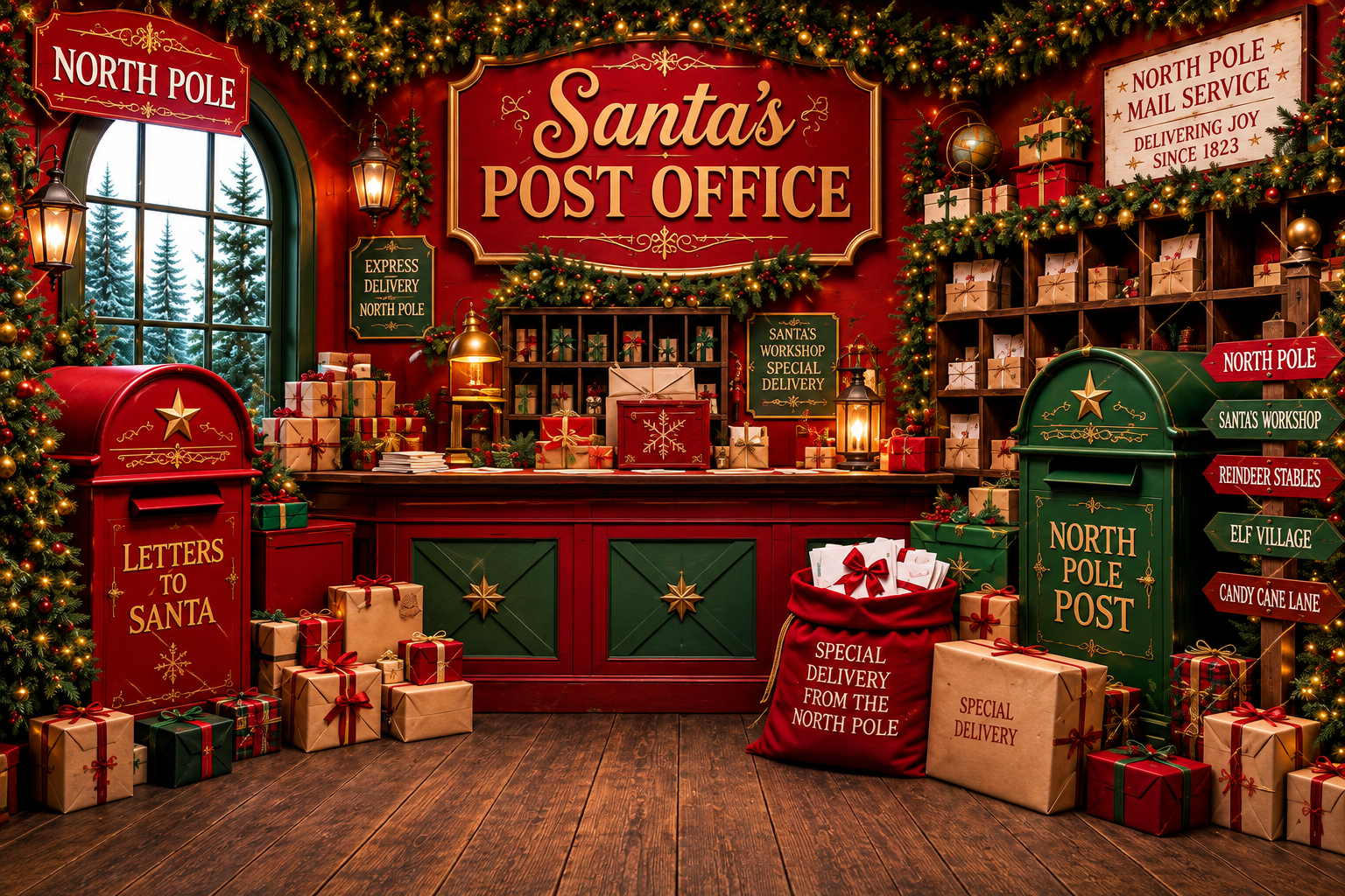 Vista completa del fondo Santa’s Post Office: buzones rojos y verdes, regalos, guirnaldas y piso de madera